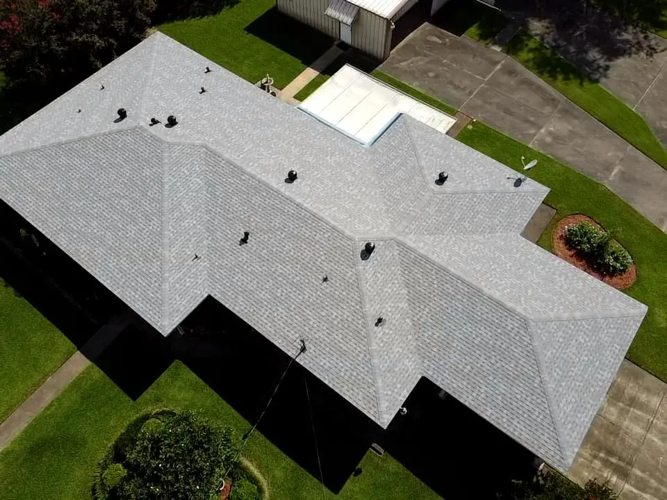 Completed ABCO roof photographed from above, showing the gutter line along the eaves
